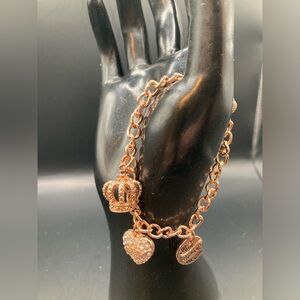 Rose Gold Tone Juicy Couture Charm Bracelet Crown Heart Love Luck